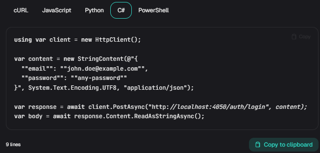 Code snippet export panel showing C# HTTP client code generation