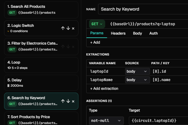 Conduit builder with chained API requests, variable extraction, and assertions