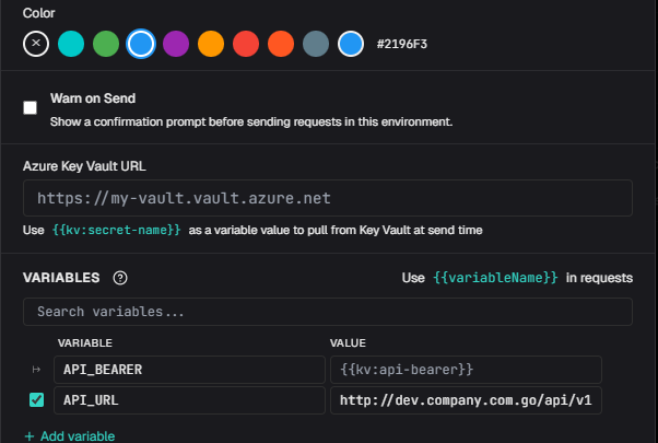 Environment editor with variables, parent inheritance, and Azure Key Vault integration