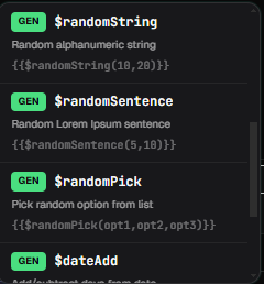Variable generator picker with randomInt, randomDecimal, now, and guid generators