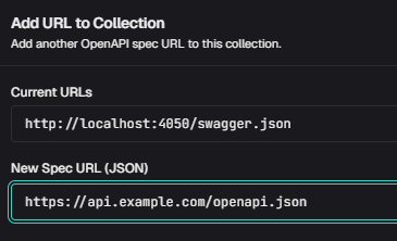 Swagger import dialog for adding OpenAPI spec URLs to collections